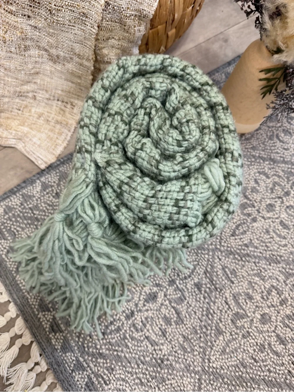 Studio McGee Mint Sage Knit Throw with Fringe